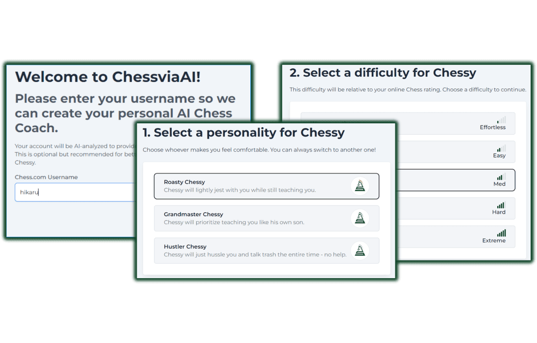 Adaptive AI chess learning interface showing personalized improvement suggestions based on playing history